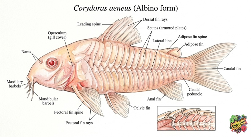 Annotated anatomy diagram of an Albino Corydoras showing scutes, barbels, and pectoral spines