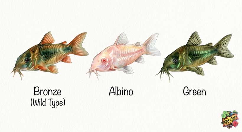 Side-by-side comparison of Bronze, Albino, and Green Corydoras colour forms