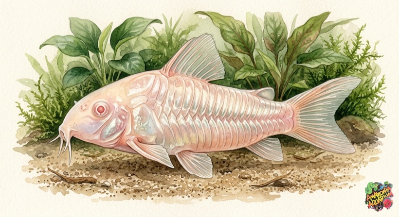 Albino Corydoras species portrait — pale golden-white catfish with red eyes resting on sandy substrate