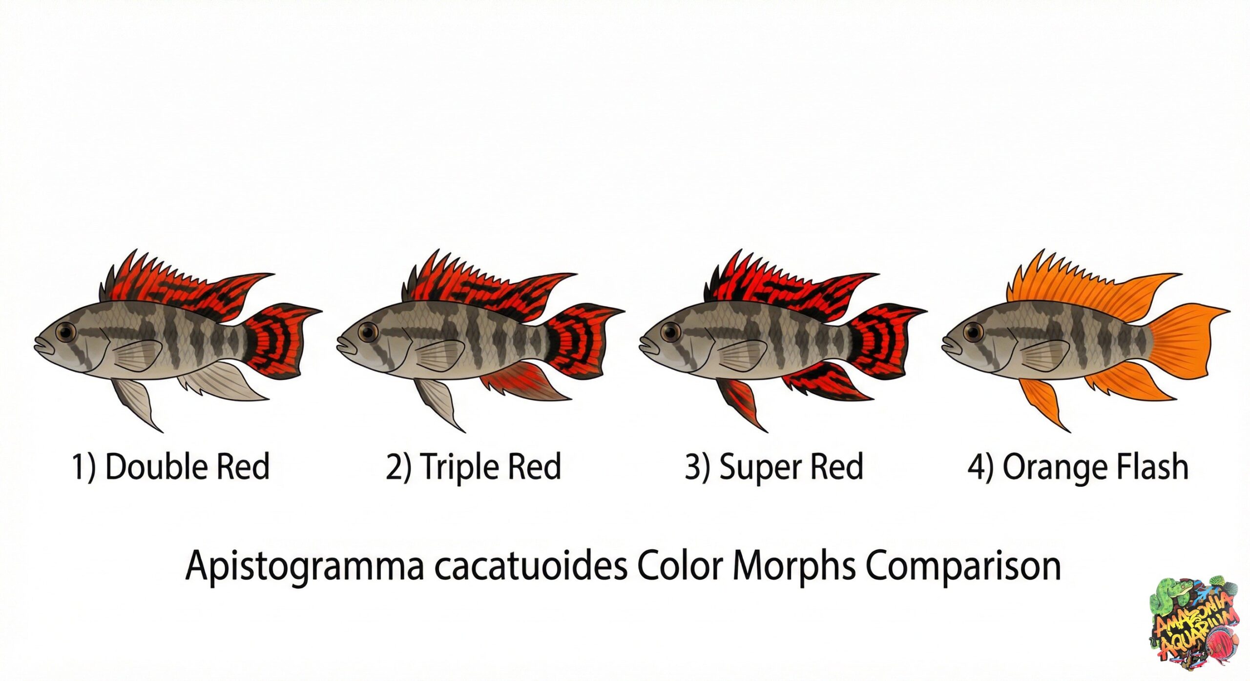 Four Apistogramma cacatuoides color morphs side by side: Double Red, Triple Red, Super Red, and Orange Flash