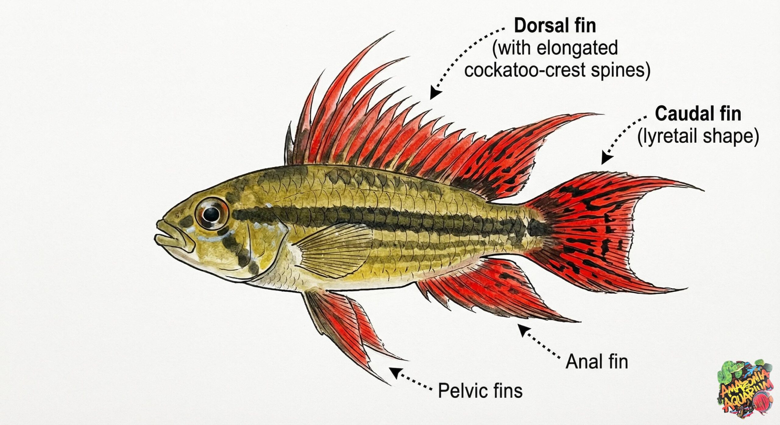 Apistogramma cacatuoides Super Red fin anatomy — all four fin groups showing red/black patterning: Dorsal, Caudal, Anal, and Pelvic fins