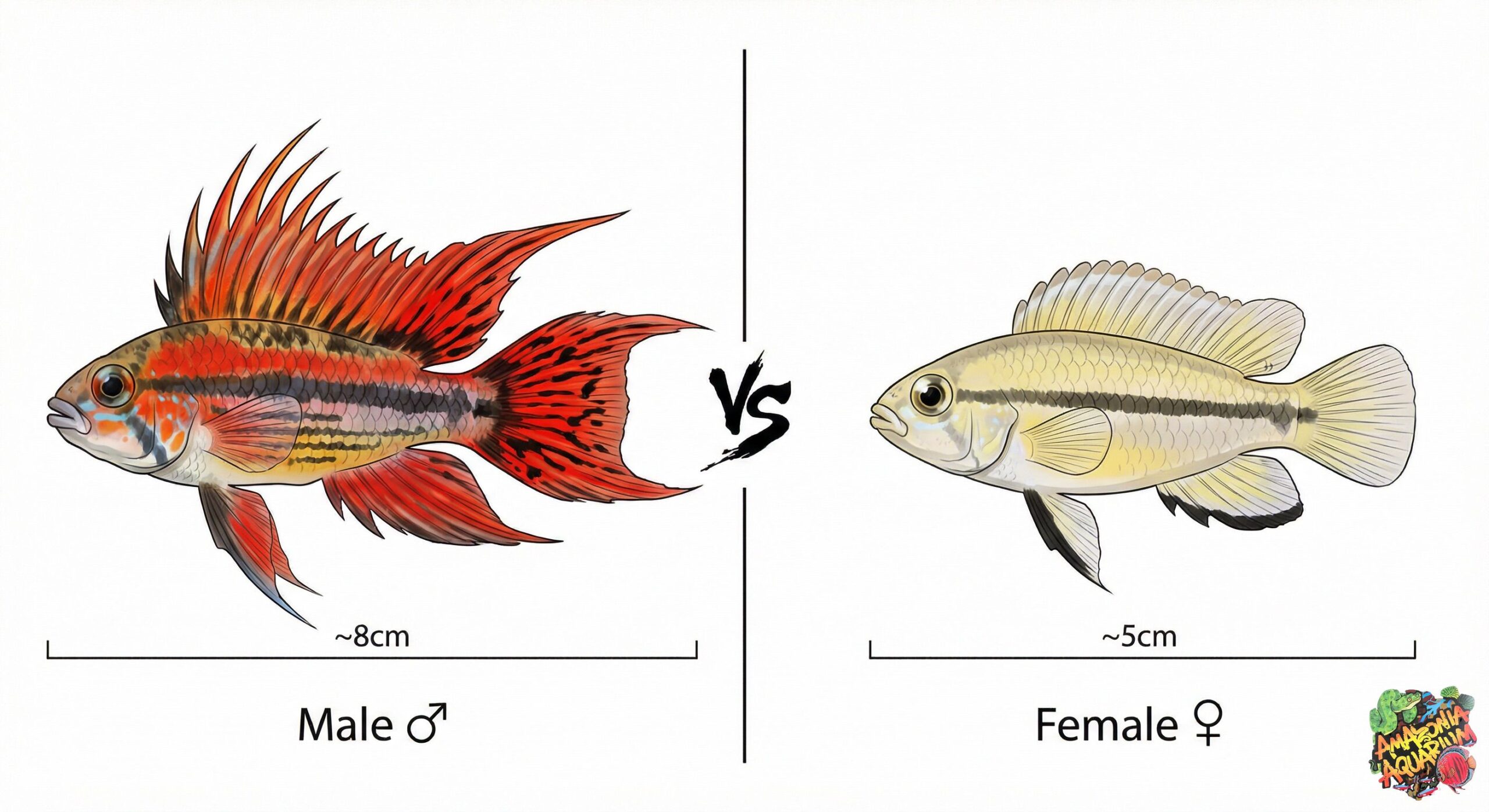 Male vs Female Apistogramma cacatuoides — male (left, 8cm) with vivid red cockatoo crest fins, female (right, 5cm) with pale yellow body and black-edged pelvic fins