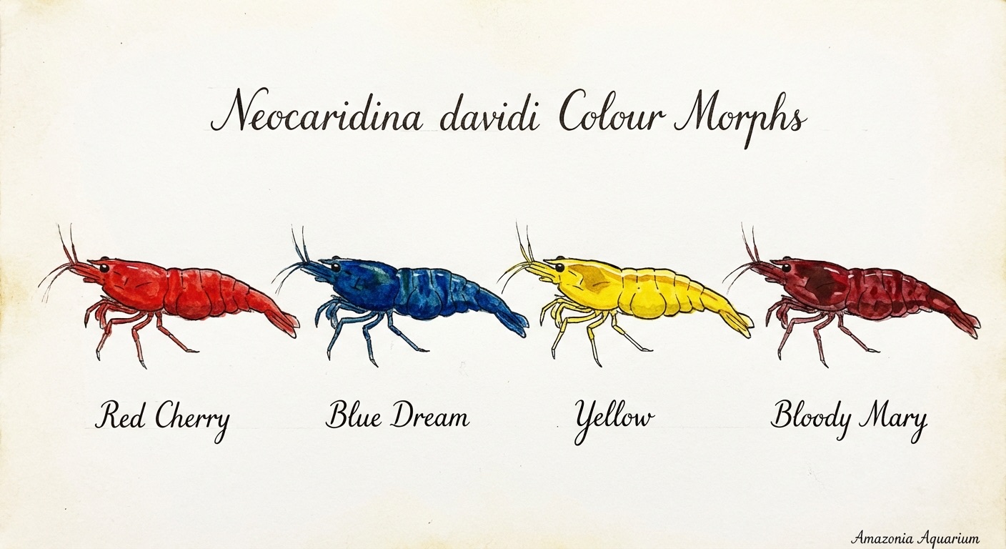 Neocaridina colour varieties comparison — Red Cherry, Blue Dream, Yellow, Bloody Mary