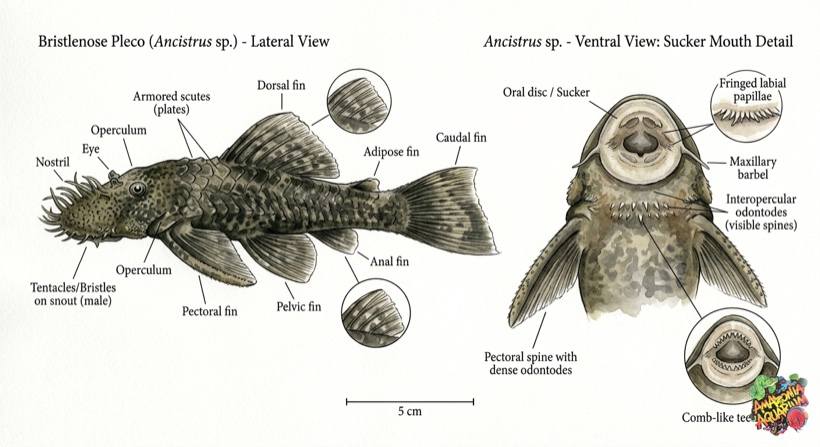 Bristlenose Pleco anatomy diagram showing sucker mouth, bristles, and armoured plates