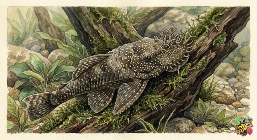Bristlenose Pleco resting on driftwood in a planted aquarium