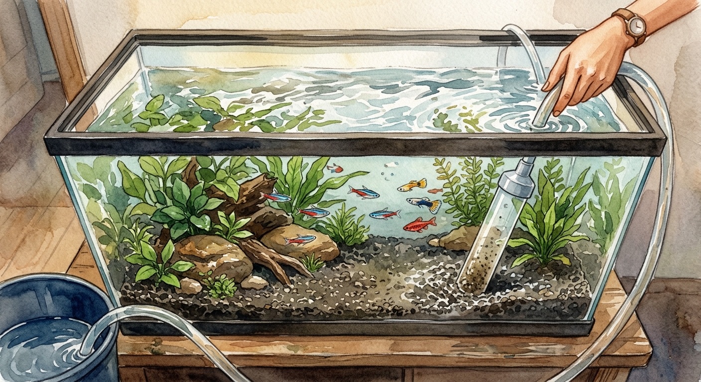 Aquarium water change and gravel vacuuming