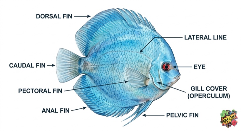 Discus anatomy diagram showing the laterally compressed disc-shaped body, round profile, extended dorsal and anal fins, vertical stress bars, and key identification features