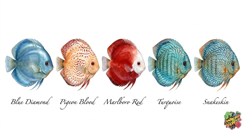 Comparison of popular Discus colour varieties side by side: Blue Diamond, Pigeon Blood, Marlboro Red, Turquoise, Snakeskin, and more