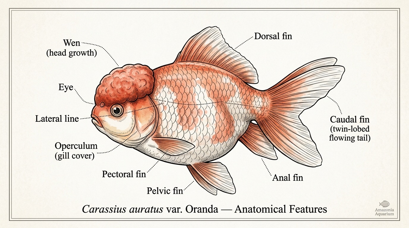 Oranda goldfish anatomy — wen, body depth, pectoral and caudal fins labelled