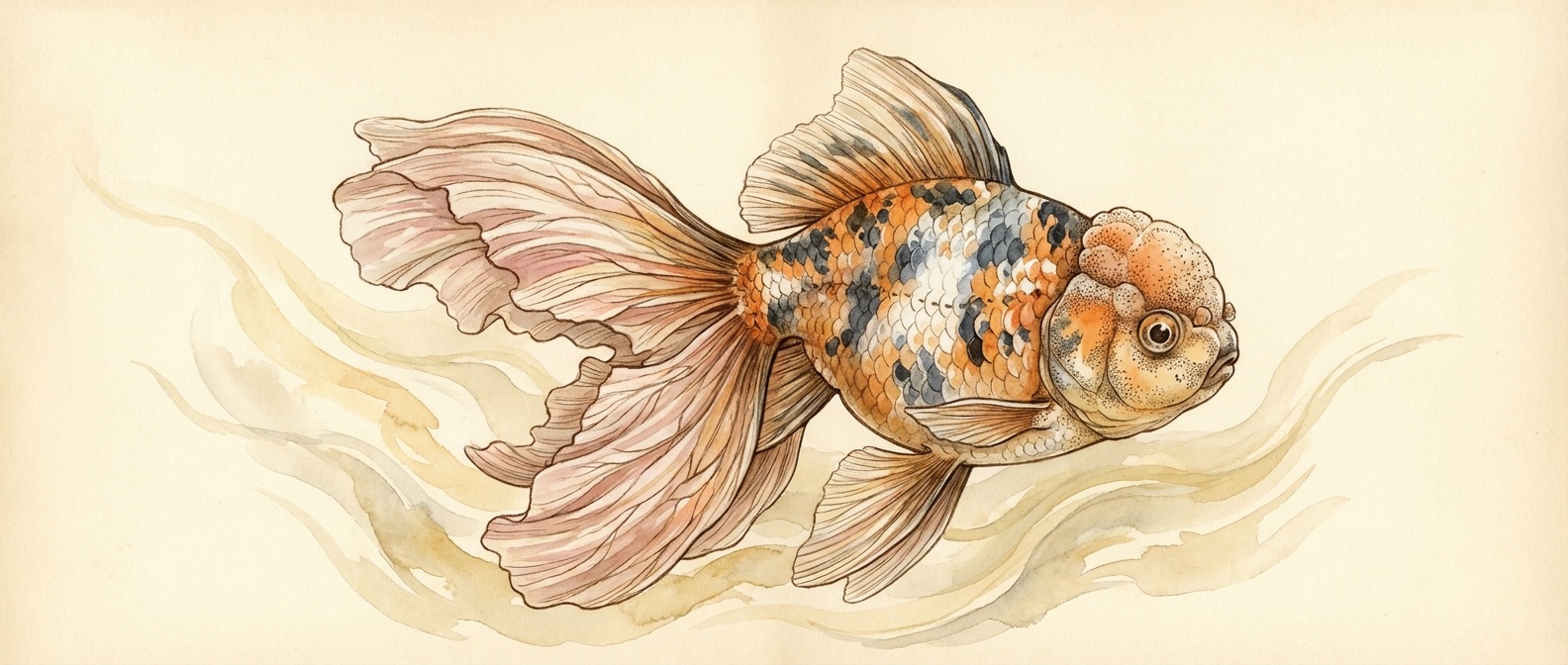 Rosetail Oranda Calico Goldfish — multi-tone nacreous scales with ruffled rose tail fin