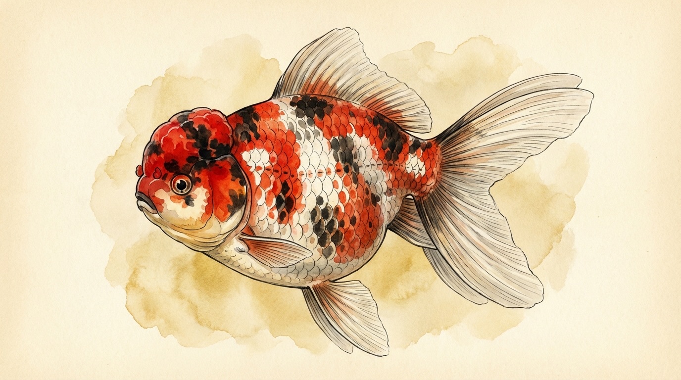 A Grade Thai Tri Color Oranda Goldfish — red, white and black mosaic pattern