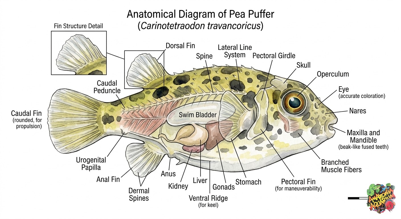 Pea Puffer anatomy diagram — Carinotetraodon travancoricus
