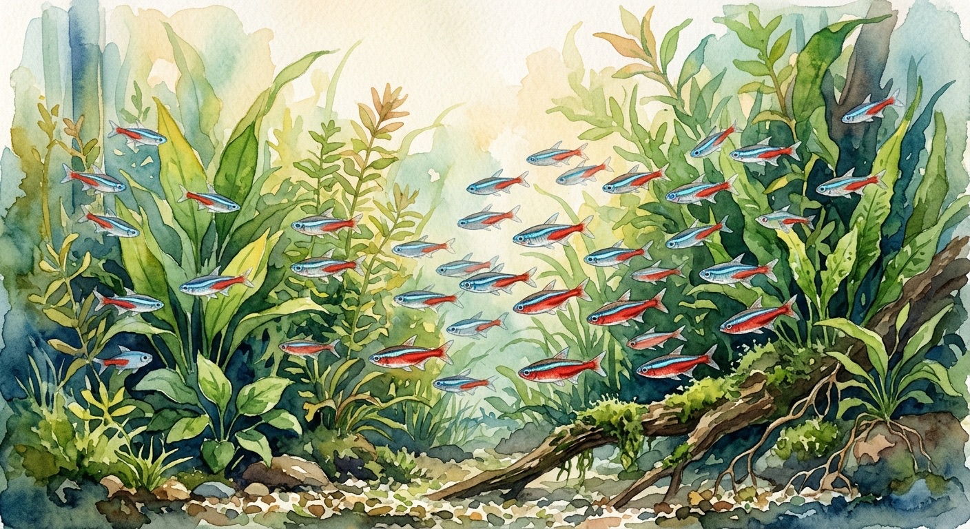Colorful tropical fish school in planted aquarium