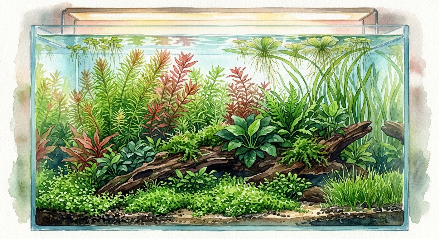 Lush planted freshwater aquarium with diverse aquatic plants