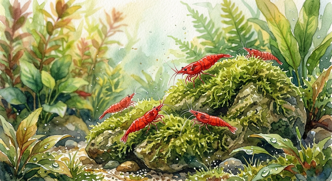 Cherry shrimp on mossy rocks