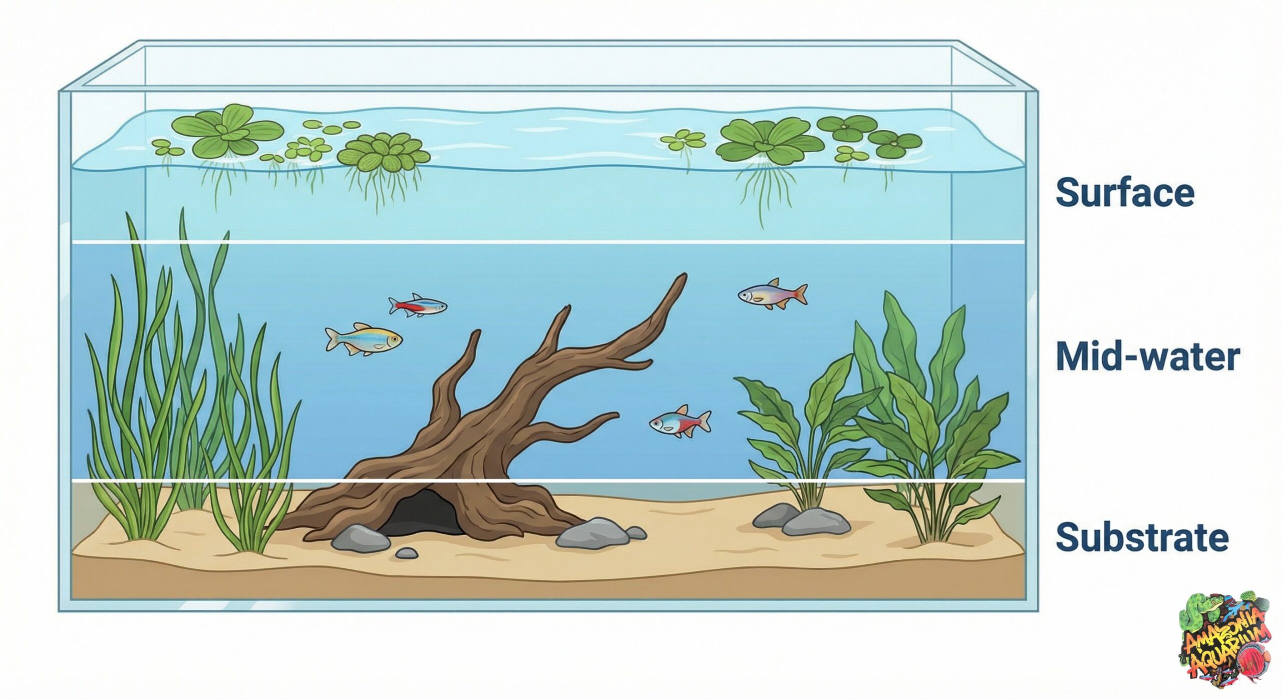 Aquarium water zones diagram for Pea Puffer community tank