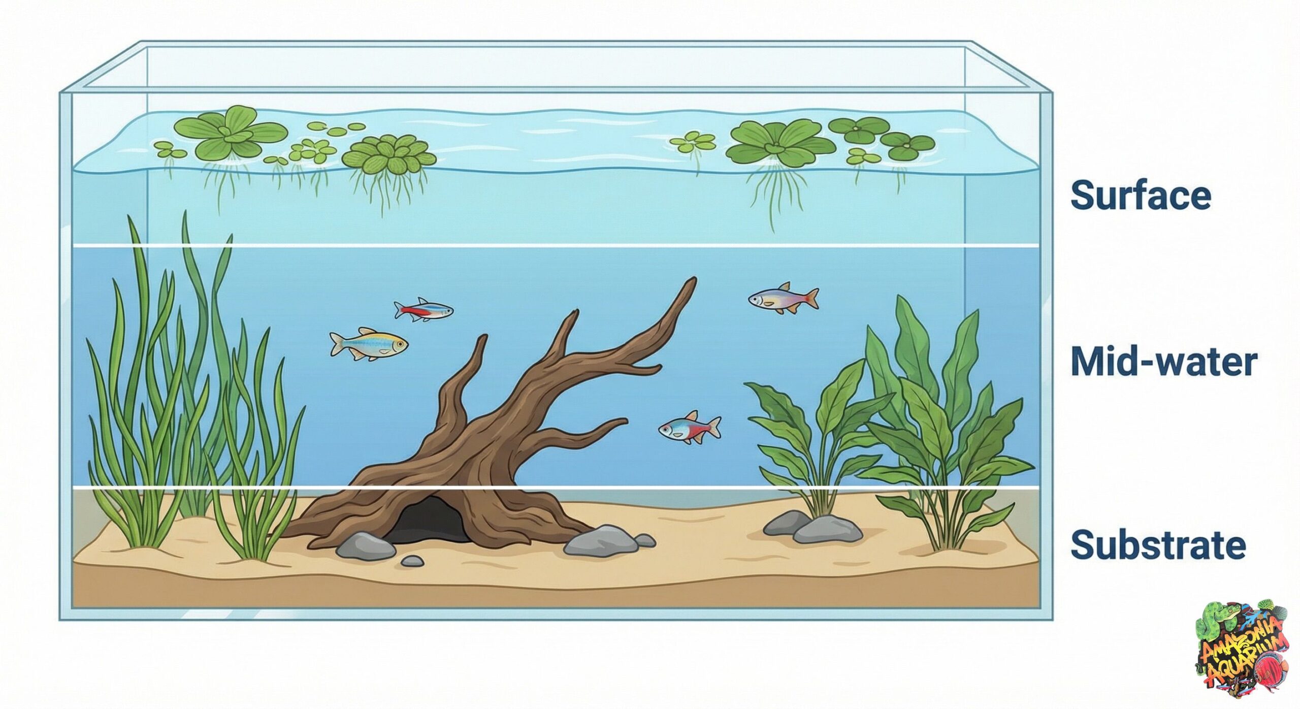 Aquarium water zones diagram for Neon Tetra community tank