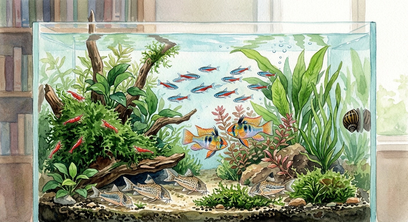 Diverse tropical fish species in community aquarium